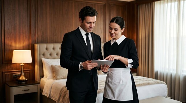Professional hotel manager and chambermaid using digital tablet, luxury boutique hotel staff coordination, hospitality service team in elegant bedroom