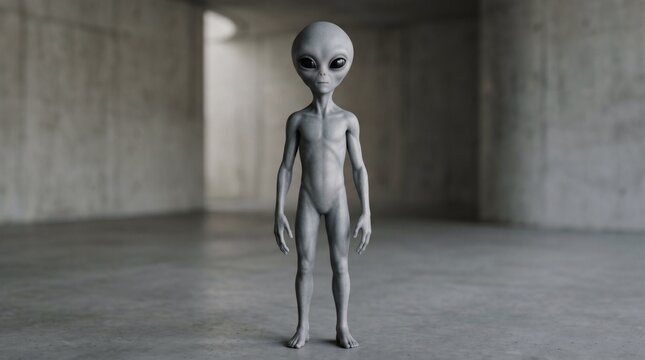 Extraterrestrial Visitor: A solitary grey alien figure stands in a stark, concrete environment, its large eyes conveying an enigmatic presence.