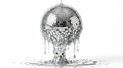Obraz premium Melting disco ball with liquid silver dripping onto shattered fragments, a symbolic end