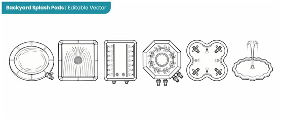 Splash pad water fountain vector black and white line art icons set for backyard garden play equipment planning, showing technical layout blueprint designs for summer outdoor cooling fun and games set © Dinali