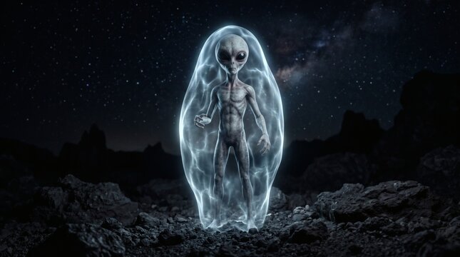 Alien Being in Cosmic Bubble: A grey alien with large black eyes is encased in a shimmering energy bubble, standing on a desolate extraterrestrial landscape under a starry night sky.