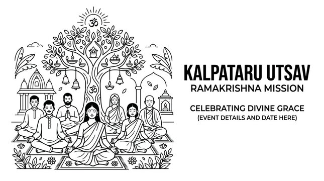 Line art illustration of people meditating under a sacred tree for Kalpataru Utsav.