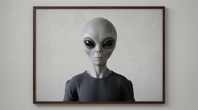 Alien Portrait: A realistic depiction of an extraterrestrial being with a large head, big black eyes, and gray skin, presented in a framed portrait.