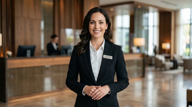 Professional hotel receptionist in black blazer, smiling female concierge standing in luxury lobby, hospitable front desk staff at boutique resort
