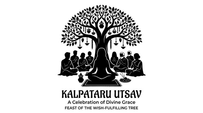 A black and white illustration depicting a group of people meditating under a sacred wish fulfilling tree for Kalpataru Utsav.