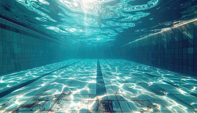 Underwater View of a Pristine Swimming Pool with Sunlight Reflections.