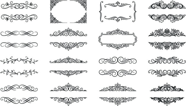 Vintage ornamental dividers and floral borders set, calligraphic corner frames and filigree swirls vector decoration elements.