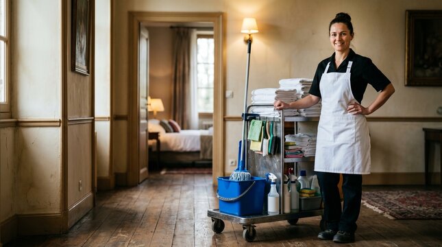 Professional hotel maid standing with cleaning trolley, smiling female housekeeper in luxury boutique hotel hallway, hospitality service staff
