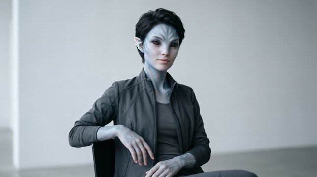 Alien Portrait: A captivating portrait of a humanoid alien with striking blue skin, pointed ears, and piercing eyes, exuding an air of mystery and intelligence.
