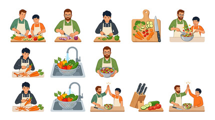 Fototapeta premium Set of illustrations showing a father and son cooking together, preparing fresh vegetables, washing ingredients, and making a salad in the kitchen