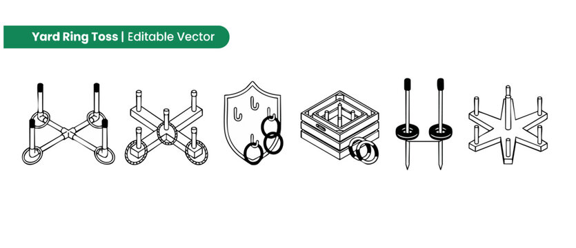 Yard ring toss game vector icon set featuring isometric outline designs of wooden targets, plastic rings, hooks, and active outdoor family entertainment illustrations for backyard recreation fun play.