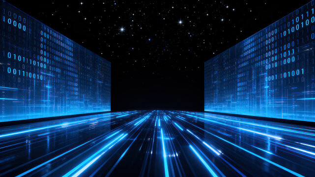 A futuristic digital landscape featuring binary codes and glowing lines representing data flow and technological advancement.