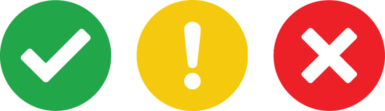 Green check mark yellow exclamation point and red cross mark symbols