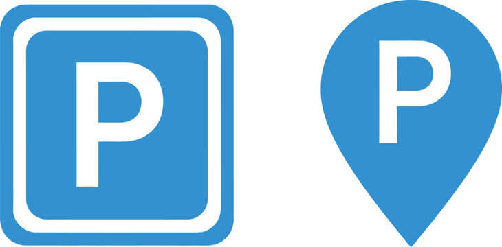Blue parking sign and location pin icons with white letter p