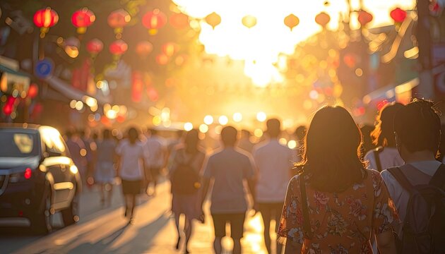 Vibrant Street Scene at Sunset with Lanterns and Crowds.