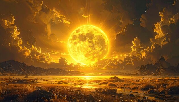 Vibrant Sun Setting Over a Serene Landscape.