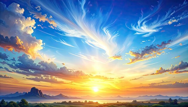 Vibrant Sunrise Over Serene Landscape with Dramatic Clouds.