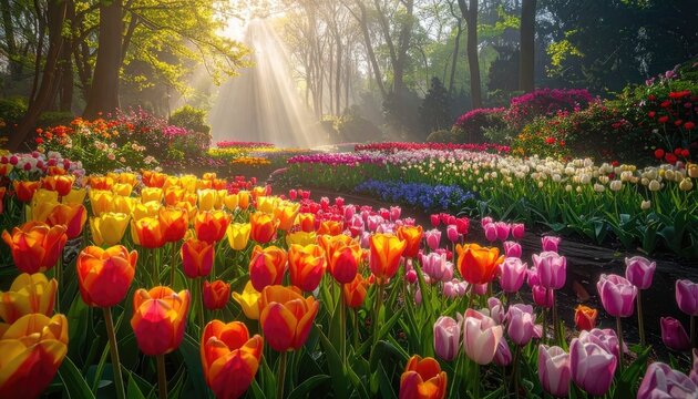 Vibrant Tulip Field Bathed in Golden Morning Sunlight.