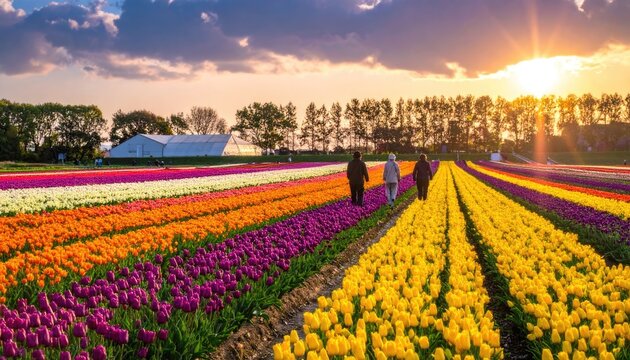 Vibrant Tulip Field at Sunset with People Walking.