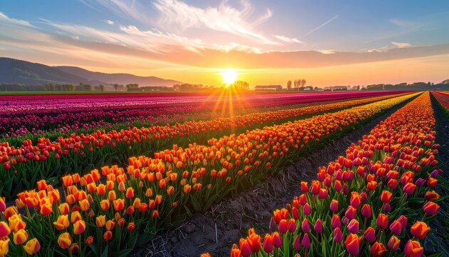 Vibrant Tulip Field Sunrise with Sunburst Over Mountains.