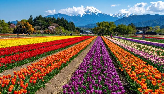 Vibrant Tulip Fields Under Snow-Capped Mountains in Spring.