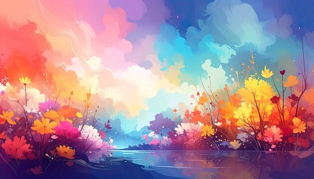 Vibrant Watercolor Landscape of a Dreamy Floral Meadow by a Serene Lake.
