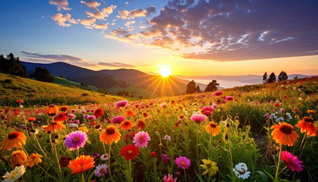 Vibrant Wildflower Meadow at Sunrise with Sunburst Over Rolling Hills.