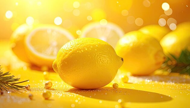 Vibrant Yellow Lemons Bathed in Golden Sunlight with Festive Sparkle.