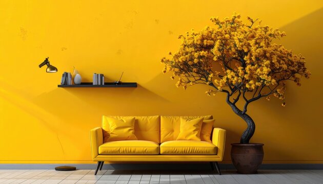 Vibrant Yellow Living Room Scene with Modern Sofa and Bonsai Tree.