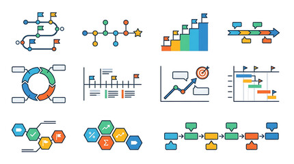 Naklejka premium Set of project management and business development icons, including roadmap, timeline, workflow, and progress charts