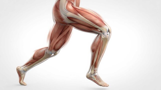 Detailed 3D anatomical render of human leg muscles in a dynamic running motion, showing complex physiological structures and cinematic widescreen composition for educational health science media.
