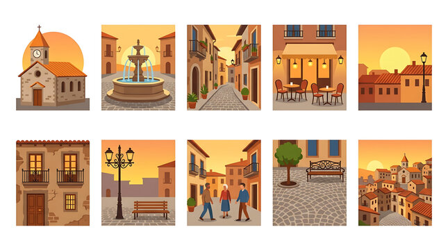 Set of vector illustrations of a cozy mediterranean town at sunset, featuring a church, fountain, narrow streets, cafe, street lamps, and townspeople