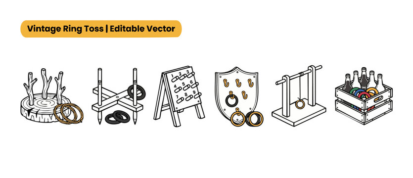 Vintage ring toss game collection of line art icons depicting retro carnival outdoor activities, garden party backyard fun, classic wood peg games, and bottle toss in wooden crate vector illustration.