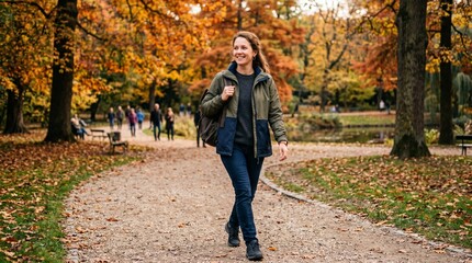 Obraz premium Woman walking on a path in a park during autumn