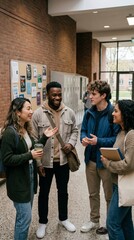 Fototapeta premium Diverse group of college students talking in a school hallway