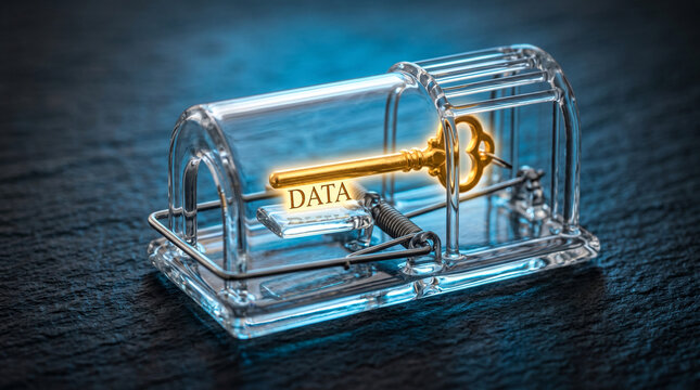 Phishing Scam Concept Glass Mouse Trap with Glowing Gold Data Key