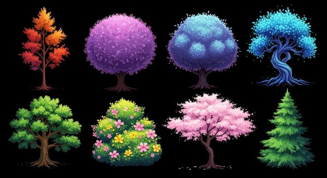 Collection of colorful stylized trees isolated on black background