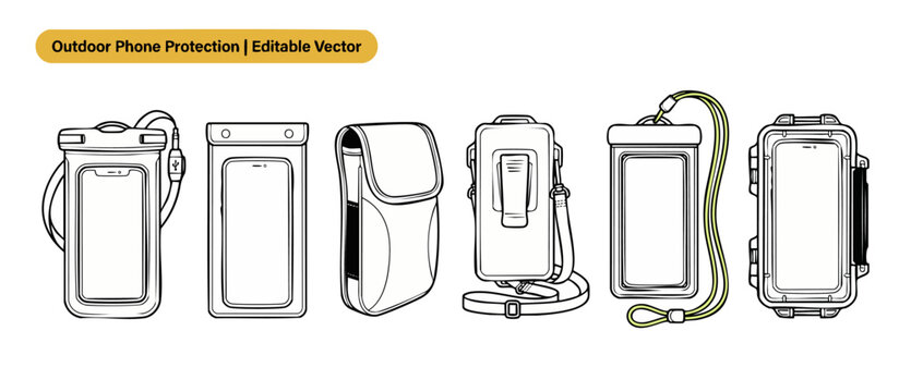 Waterproof phone pouch case vector illustration set featuring protective dry bags, heavy duty rugged covers, and outdoor adventure mobile sleeves for smartphone shield protection in line art packs set