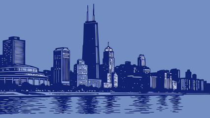 Fototapeta premium Chicago city skyline with skyscrapers reflecting on lakefront water