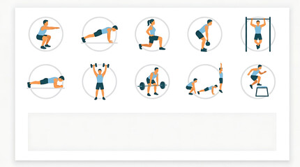 Fototapeta premium Set of fitness and workout icons featuring various exercises like squats, pushups, lunges, deadlifts, pullups, and box jumps
