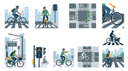 Obraz premium Set of illustrations depicting cyclists in urban environments, following traffic rules and safety guidelines