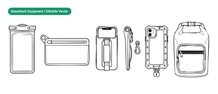 Waterproof dry bag phone case line icon set for beach travel and watersport protection, featuring technical vector drawings of protective pouches, shockproof covers, carabiner clip, and dry case pack.