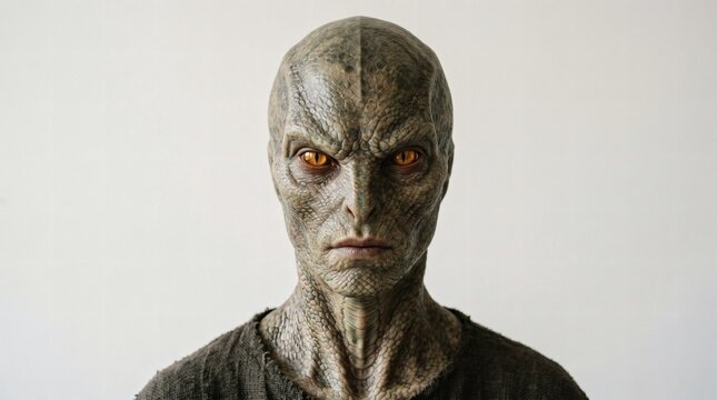 Alien Creature Portrait: A close-up portrait of a mysterious alien being with striking reptilian features and glowing orange eyes, exuding an aura of the unknown.