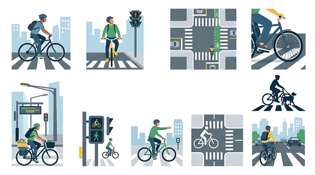 Set of illustrations depicting cyclists in urban environments, following traffic rules and safety guidelines