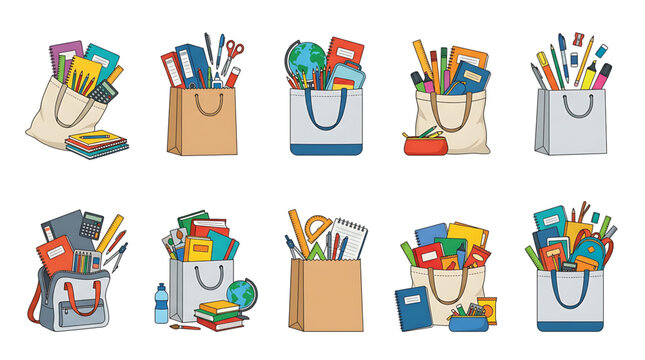 Set of school bags and tote bags with stationery supplies, notebooks, and books
