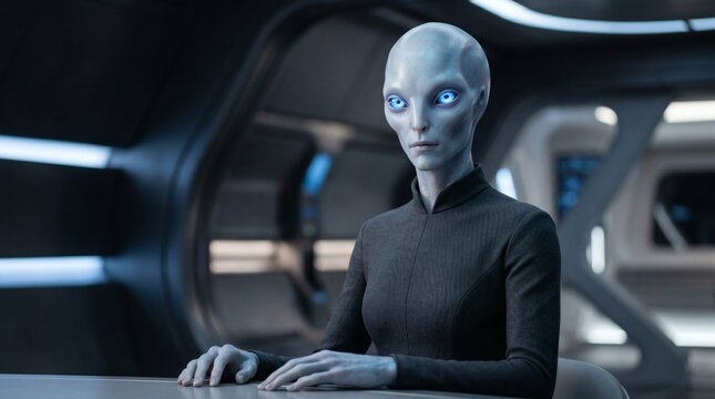 Alien Portrait: An ethereal alien with striking blue eyes and smooth, pale blue skin sits in a futuristic, dimly lit environment, conveying an aura of mystery and intelligence.