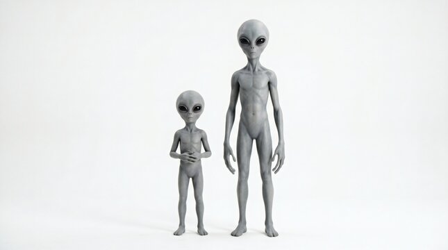 Alien Visitors: Two extraterrestrial beings, one adult and one child, stand in an isolated, grey, barren environment, their large heads and dark.