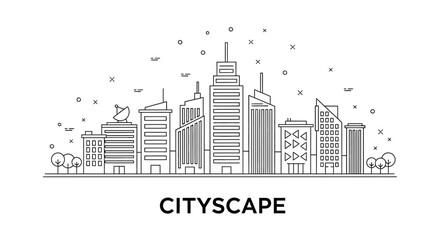 Obraz premium Minimalist line art illustration of a modern city skyline with skyscrapers and urban buildings.