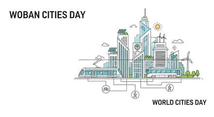 Fototapeta premium Line art illustration of a modern sustainable city for World Cities Day.