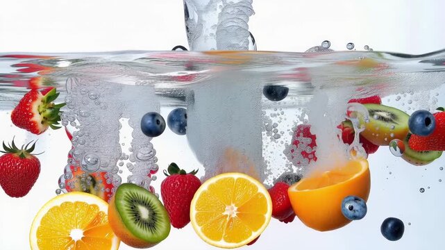 Fresh Mixed Fruits Splashing in Crystal Clear Water on a White Background